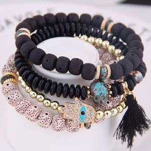 Four Piece Evil Eye Hamsa Boho Tassel Bracelet Set